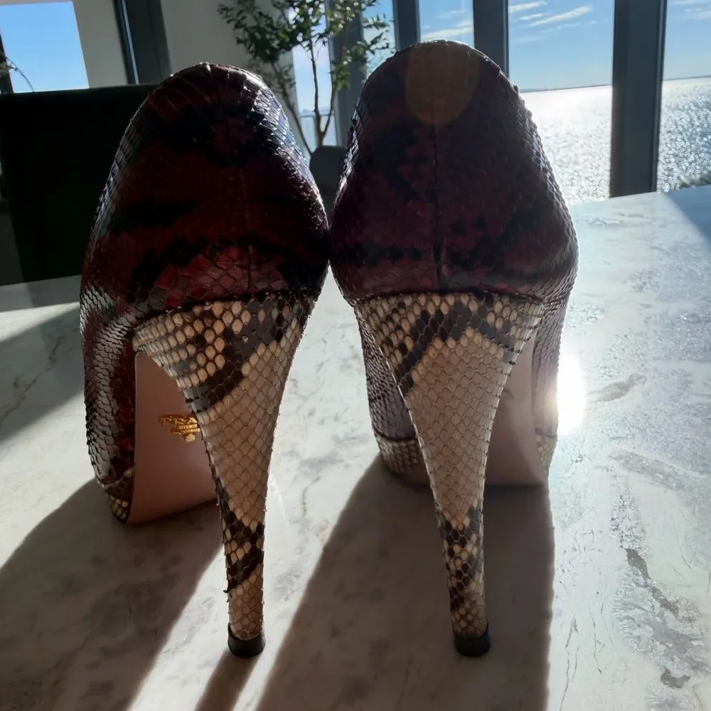 Prada Women's Burgundy and Beige Snakeskin Peep Toe Heels